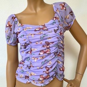 No Boundaries Purple Lavender Shirred Ruffled Butterfly Crop Top Blouse NEW S M